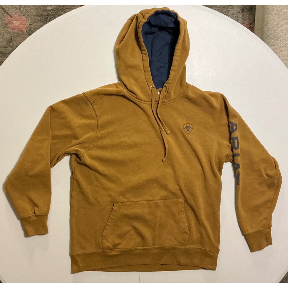 Ariat Real Mens Hoodie Mustard Yellow Ochre Grunge Western Sleeve Logo Sleeve L